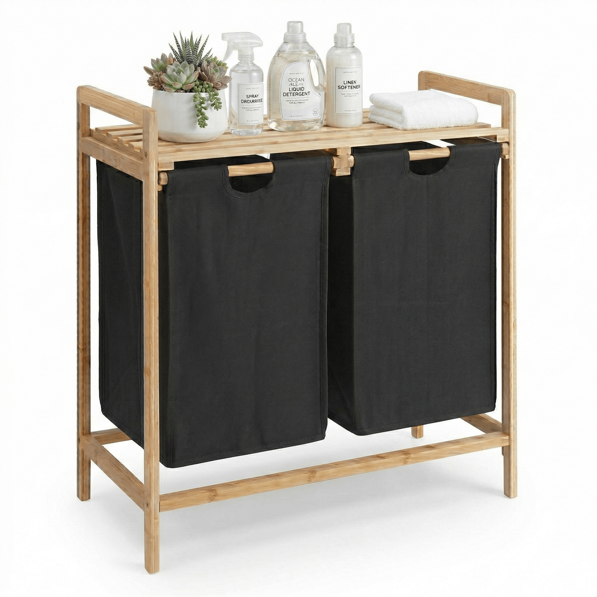 Wäschekorb mit 2 ausziehbaren Wäschesäcken - Wäschesortierer - 44 Liter - Bambus - 64,5x73,5x33 cm - Schwarz