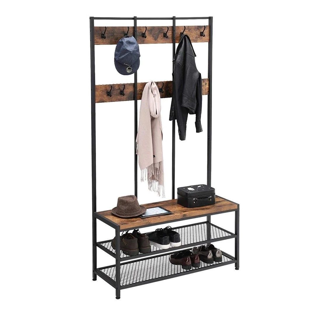 Kleiderständer XL - Industrie-Look - 12 Haken - 100x186x40 cm - vintage braun