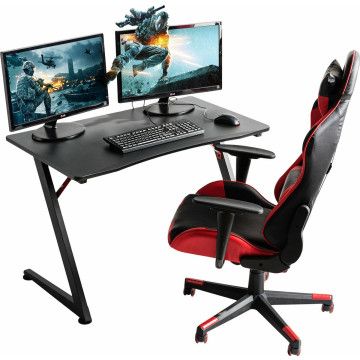 Gaming Tisch, Schreibtisch für Gaming Laptop oder PC, Gamer Computertisch, verstellbare Tischbeine aus Stahl, ergonomische PVC Kohlefaser Tischplatte 108 x 60 cm, schwarz