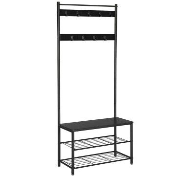 Stehender Garderobenständer mit 9 Haken und Schuhregal – Garderobenständer – 70 x 32 x 175 cm – Schwarz
