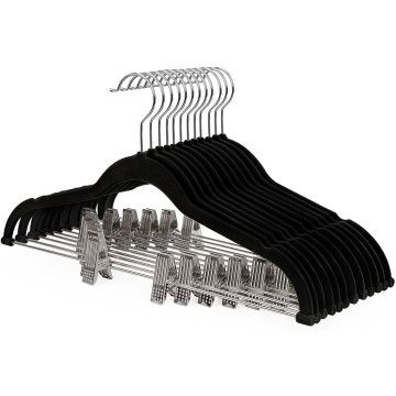 Set mit 12 Hosen- oder Rockbügeln – Samt – 360° drehbarer Haken – Schwarz