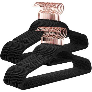 Samtkleiderbügel, 50 Stück, Antirutsch, Kleiderbügel, Drehbarer Haken in Roségold, Dicke 0,6 cm, Platzsparend, 45 cm lang, Für Mäntel, Hemden, Röcke, Hosen, Krawatten, schwarz
