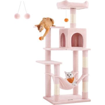 Großer Kratzbaum für mehrere Katzen – mit Hängematte – Katzenbaum – 143 cm – Rosa
