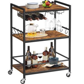 Küchentrolley auf Rollen – Servierwagen – Trolley – Beistelltisch auf Rollen – 3 Ablagen mit Haken und Weinaccessoires – Braun