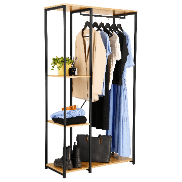 Kleiderschrank – Offener Schrank mit Kleiderstange & Regalböden – 167 x 90 x 40 cm – MDF Hell-Eiche & Metall