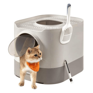 Katzenklo – Katzentoilette – 54 x 42,8 x 40 cm – warmgrau – mit Schaufel und Bürste – Katzenklos
