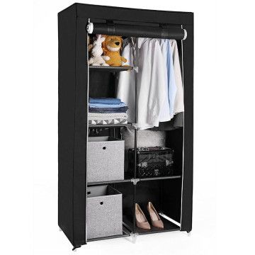 Kleiderschrank aus Stoff, Garderobe, für Schlafzimmer, Ankleidezimmer, mit Einlegeböden und Kleiderstangen, 88 x 45 x 168 cm, schwarz