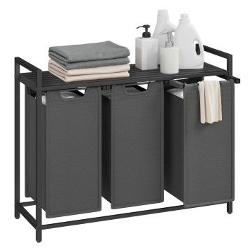 Wäschekorb – 3 Fächer – Oxford-Gewebe – 3 x 38 L – 92,5 x 33 x 72 cm – Schwarz/Grau