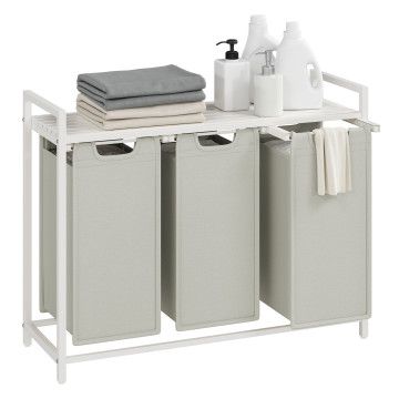 Wäschekorb 3 Fächer – Wäschesammler mit Ablage – Wäschebox – Wäschesack aus Oxford-Gewebe – herausnehmbar – Metallrahmen, 3 x 38 L – 92,5 x 33 x 72 cm – Weiß