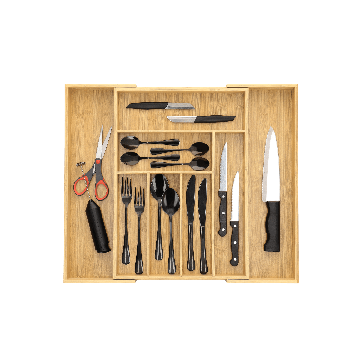 Besteckkasten für Schubladen ausziehbar mit 7 bis 9 Fächern aus Bambus Holz, großer Schubladeneinsatz als Organizer in der Küche, Besteckeinsatz für Schubladen, 50 x 46 x 4.7 cm,
