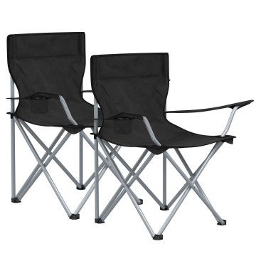 Set von 2 klappbare Campingstühle, Klappstühle für draußen, bequem, mit Armlehnen und Becherhalter, stabiles Gestell, belastbar bis 120 kg - Schwarz