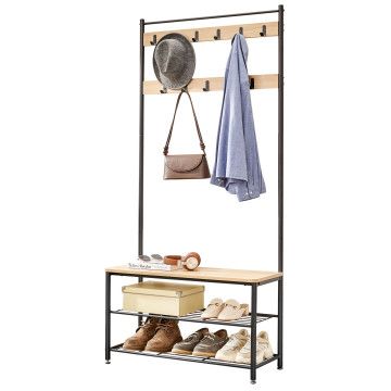 Großer Kleiderschrank XL mit Schuhablage, Garderobe und Schuhregal, 175 cm hoch und 85 cm breit, Farbe Eiche hell und schwarzer Metallrahmen