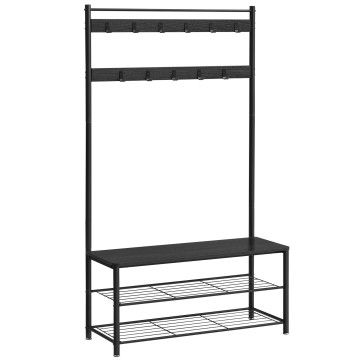Garderobenständer XL mit 11 Gaderobenhaken und Schuhregal mit Sitzfläche, Flurgarderoben Set aus  Holz und Metal im Industrial Design, Kleiderständer Maße B 85 xH 175 x T 32 cm, schwarz