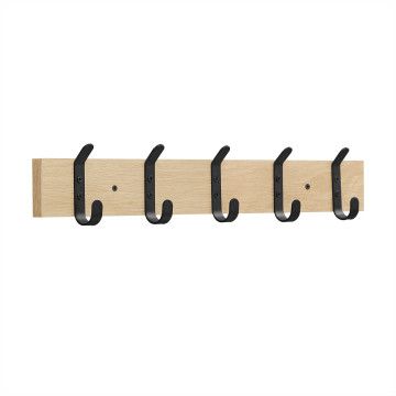 Garderobe – 10 schwarze Haken – 55x6,5x1,5 cm – helle Eiche
