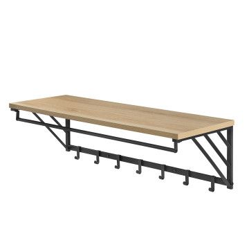 Wandgarderobe mit Ablage und 7 Haken, Garderobenständer aus Metall und Holz, Farbe Eiche hell