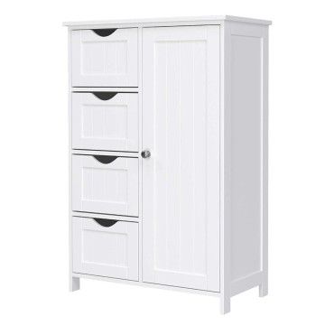 Badezimmer-Buffet aus Holz mit 4 Schubladen, Schranktür, verstellbarem Regal, Wohnzimmer, Küche, Flur, tief, freistehend, weiß