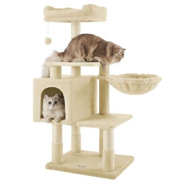 Kratzbaum – mehrstufig – mit Haus und Spielzeug – 50 x 110 x 40 cm – beige