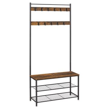 Garderobenständer mit 11 Gaderobenhaken und Schuhregal mit Sitzfläche, Flurgarderoben Set aus Vintage Holz und Metal im Industrial Design, Kleiderständer Maße B 85 xH 175 x T 32 cm