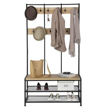 Garderobenständer mit 9 Gaderobenhaken und Schuhregal mit Sitzfläche, Flurgarderoben Set aus Vintage Holz und Metal im Industrial Design, Kleiderständer Maße B 100 x H 186 x T 40 cm