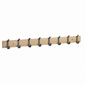 Lange Wandgarderobe - Retro - 16 schwarze Haken - 88x6,5x1,5 cm - Helles Eichenholz
