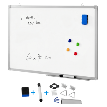 Magnetisches Whiteboard mit Aluminiumrahmen und Stiftablage, Magnettafel trocken abwischbar inklusive Schwamm und Stift, ohne Magnete, Magnetwand zum beschriften, 60 x 90 cm