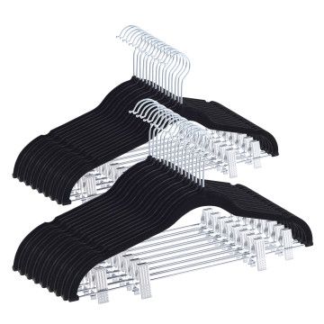 20er Set Kleiderbügel aus Samt mit Clips, Kleiderbügel mit Wäscheklammern für Rock, Hose, für Damen oder Herren, Metallhaken, schwarz