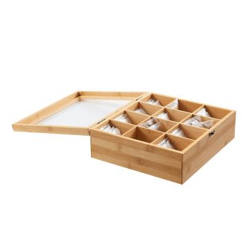 Teebox Bambus, Tee-Aufbewahrungsbox mit transparentem Deckel, 12 Fächer, Bambusholz