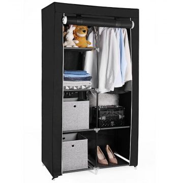 Kleiderschrank aus Stoff, Garderobe, für Schlafzimmer, Ankleidezimmer, mit Einlegeböden und Kleiderstangen, 88 x 45 x 168 cm, schwarz