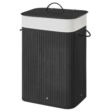 Bambus-Wäschekorb mit Deckel, Baumwolltasche und Griffen, 72L, Schwarz