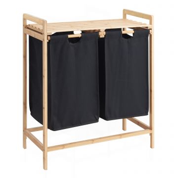 Wäschekorb mit 2 ausziehbaren Wäschesäcken - Wäschesortierer - 44 Liter - Bambus - 64,5x73,5x33 cm - Schwarz